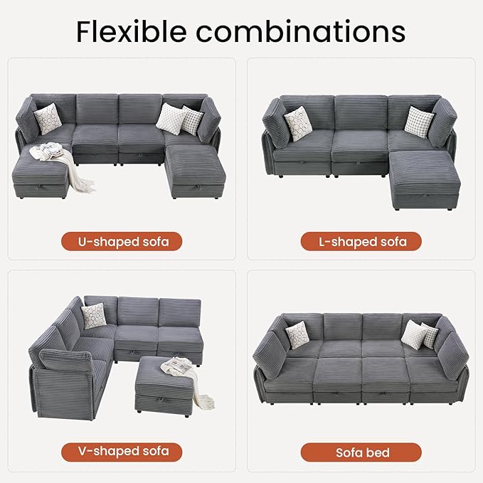 KKL Modular Sectional Sofa Bed with Storage Ottoman Convertible L/U/J-Shaped Sleeper Couch Plush Wide-Wale Corduroy for Living Room Apartment Modern Design Gray