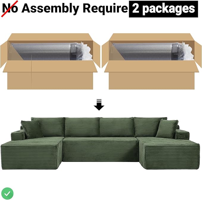 134 Cloud Couch Sectional Modular Sofa with Cup Holder and Storage Pocket Corduroy U Shaped Boneless Sofas Couch in a Box No Assembly Required Green Couches for Living Room