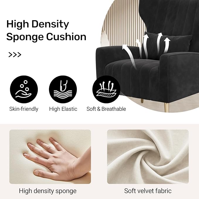 Black Velvet Accent Chair Set of 2 Wingback Chair for Living Room High Back Arm Chair with Golden Legs Lumbar Pillow Upholstered Single Sofa Bedroom