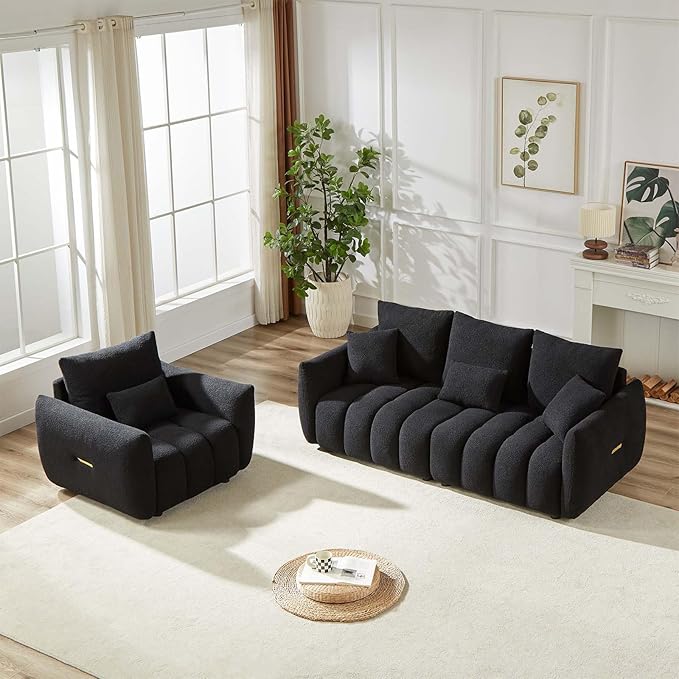 Antetek 78 Modern Sofa Couch Comfy Deep Seat Teddy Cloud Sofa Upholstered 3-Seater Boucle Couch Oversized Loveseat for Living Room Bedroom Office Apartment Black