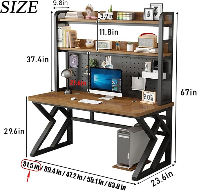Gaming Desk with Pegboard and Storage Shelves Computer Desk with Home Office Design Modern Office Desk with Spacious Computer Workspace for Home Office and Gaming Setup (Black 31.5 in)
