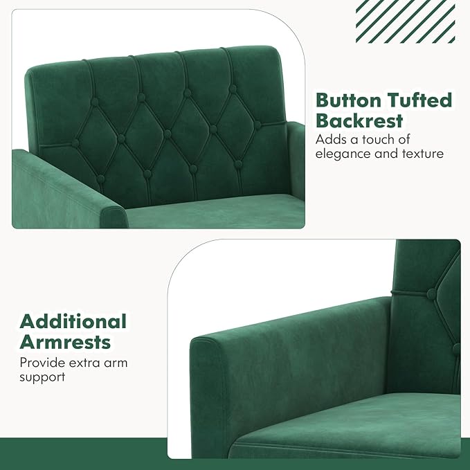 KOMFOTT Velvet Accent Chairs Set of 2 Modern Tufted Arm Chair with Golden Metal Legs &amp Adjustable Foot Pads Upholstered Sofa Chair Reading Chair for Bedroom Comfy Living Room Chairs Green