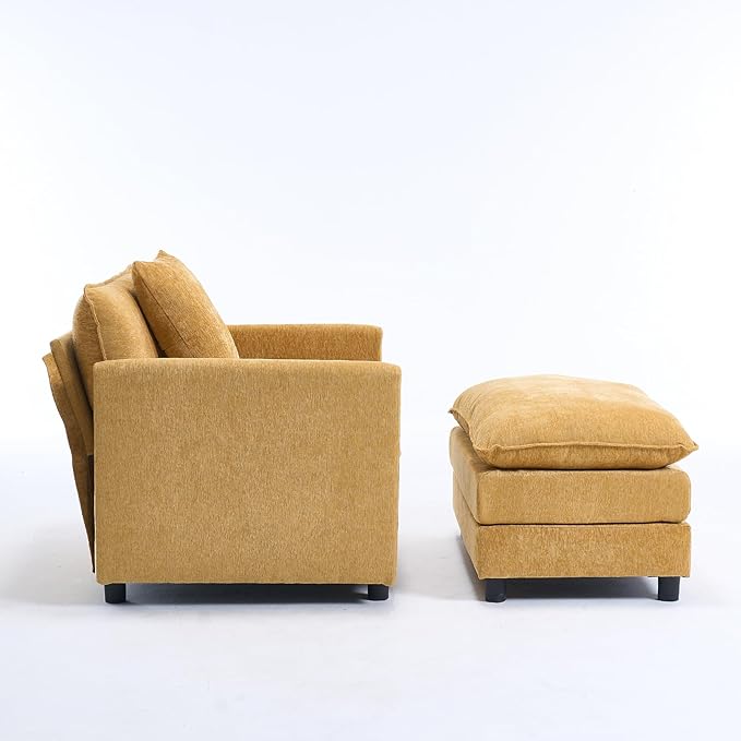 Oversized Chaise Lounge Chair Indoor Modern Comfy Chenille Cloud Accent Chair and A Half with Ottoman Single Deep Seat Sofa Couch Reading Armchair for Living Room Bedroom Apartment Mustard Yellow