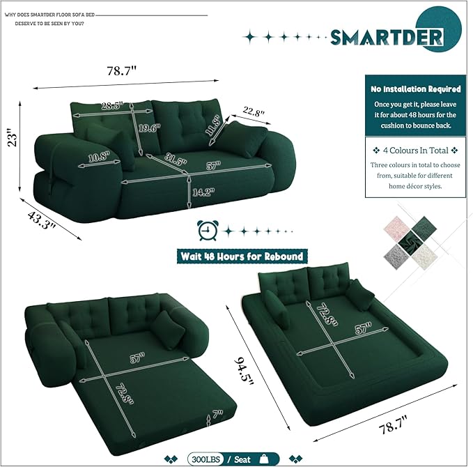 Convertible Sofa Bed with Folding Mattress Oversized Human Dog Bed 3-in-1 Sleeper Couch with Pillows and Thick Armrests 78.7 King Size Floor Sofa for Living Room Bedroom Guest Room Green Teddy