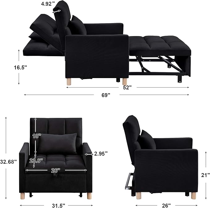 70'' Convertible Chair Bed Extra Long Teddy Fabric Single Pull Out Sofa 4 in 1 Adult Sleeping Recliner With Pillow Adjustable Backrest Black