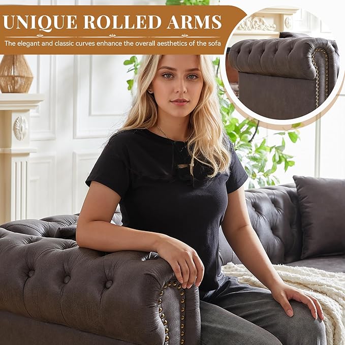 Modern Chesterfield Sofa Couch 85.5-inch Faux Leather 3-Seater Sofa with Rolled Arms and Tufted Button for Living Room Office Grey