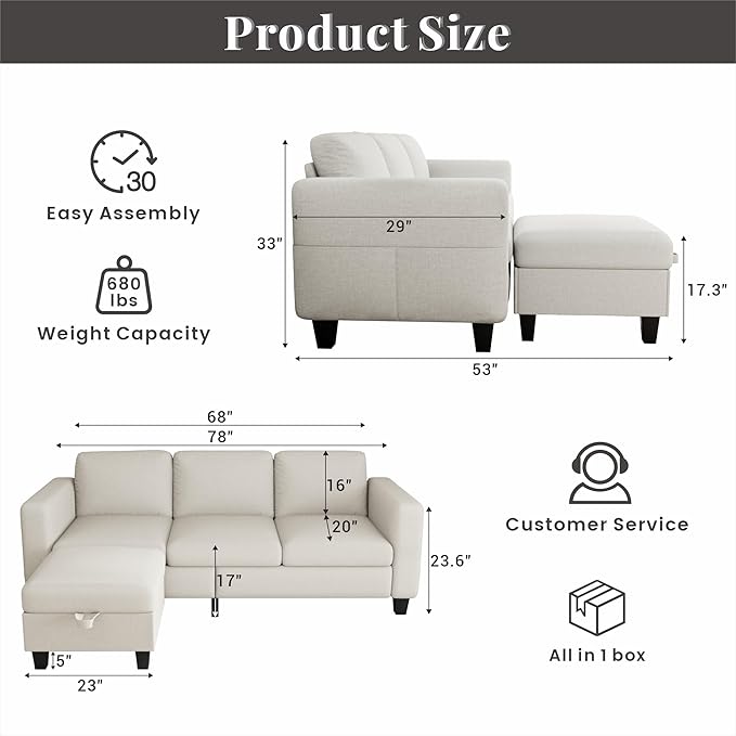 Sectional Sofa Couches for Living Room - L Shaped Cloud Couch-Small Modular 3 Seat-Comfy Linen with Storage Deep Seat SofaWashable Covers-Suitable for Living Room-Apartment-Office-Beige