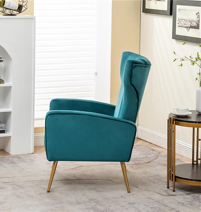 Modern Velvet Accent Chair Channel Tufted Bedroom Office or Living Room Furniture with Elegant Metal Legs 26 Wide Armchair Blueish Green