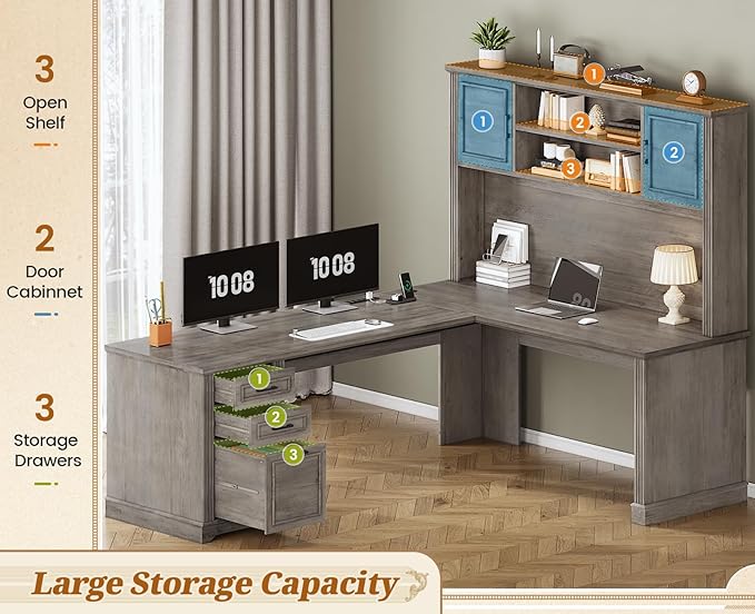 SEDETA Farmhouse L Shaped Desk with Hutch and 3 Drawers 68.9 Executive Office Desk with File Drawer and Power Outlet Corner Computer Desk with Storage Shelves for Home Office (Grey)