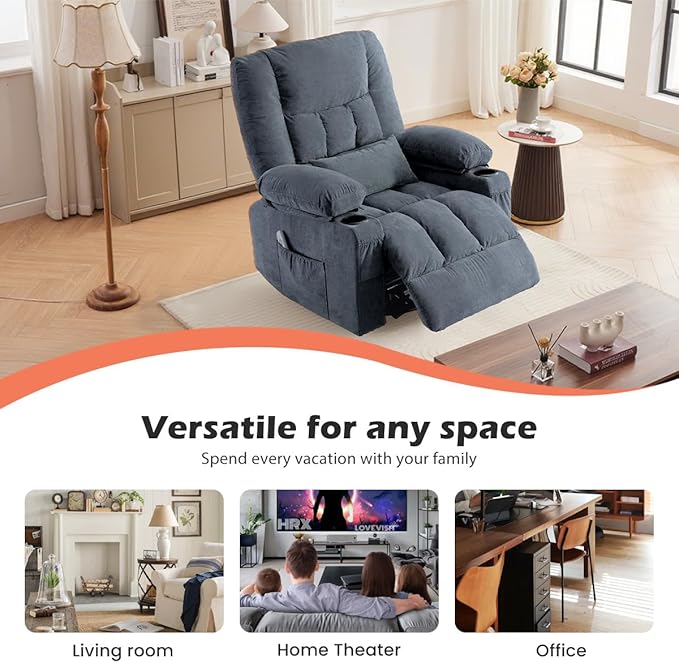 Recliner Chair with Cup Holders for Living Room Single Seat Manual Oversized Recliner with Ergonomic Side Pocket for Adult