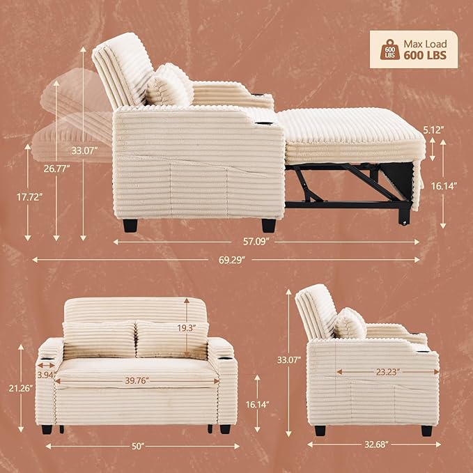 VINGLI Beige Futon Sofa Bed Convertible Loveseat Sleeper Sofa Couch Corduroy Pullout Sofa Fold Out Couch Bed with USB Ports Cup Holders Armrest for Living Room Bedroom Apartment Room | Loveseat Sl