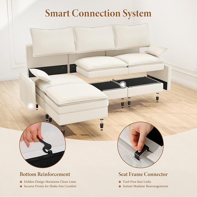 Vesgantti 142 U Shaped Sectional Couch Comfy Cloud Modular Sectional Sofa with 2 Ottoman Deep Seat Chenille Modern Cloud Sofa Modular Sofas for Living Room Bedroom and Apartment Snow White