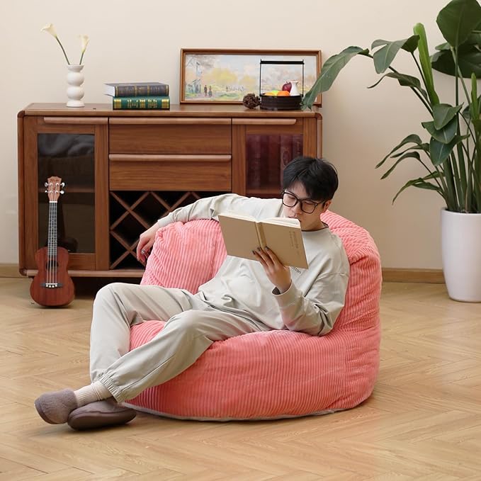 N&ampV Large Crescent Bean Bag Chair Adult Size Bean Bag Sack Foam Filling Soft Premium Corduroy Bean Bag for Living Room Bedroom Dorm and Office (Salmon)
