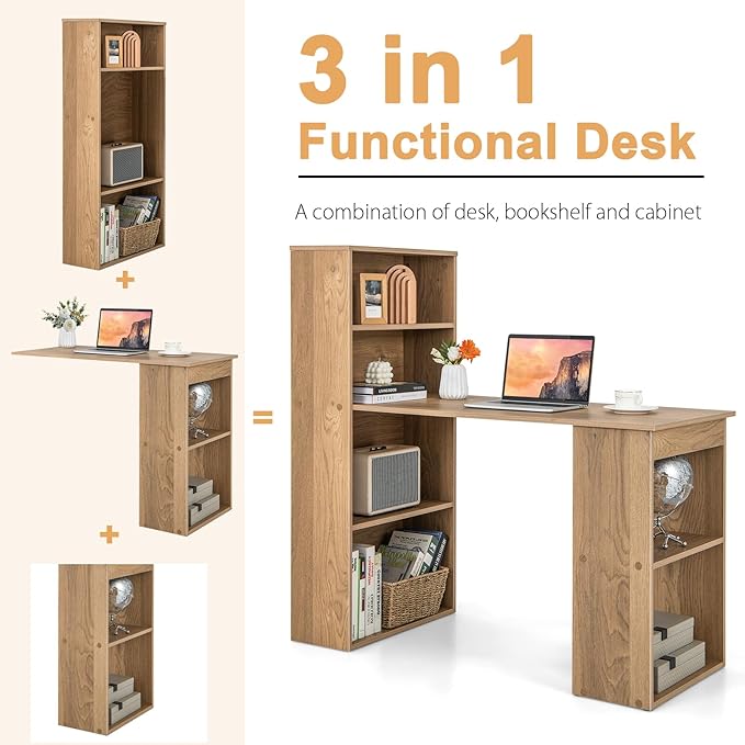 GRAFFY Computer Desk with 6 Storage Shelves - 48 Reversible Writing Desk Workstation with Bookshelf and CPU Stand Modern Compact Office Desk for Bedroom Study Home Office (Natural)