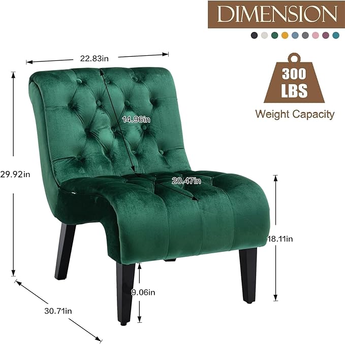 KINFFICT Velvet Accent Lounge Chair for Living Room Modern Leisure Chair with Tufted Backrest Indoor Armless Side Chair Upholstered Bedroom Sleeper Chairs with Solid Wood Legs