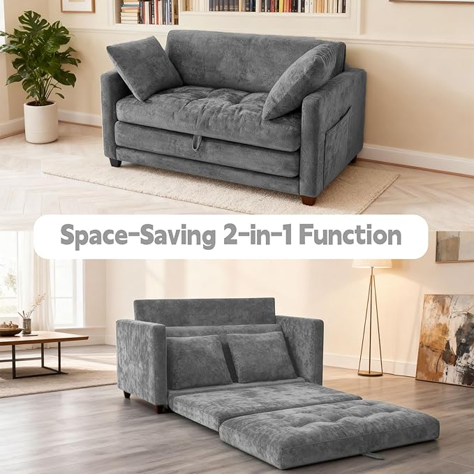 2-in-1 Convertible Loveseat Sofa Bed - Folding Pull-Out with Deep Seat 2 Pillows &amp Solid Steel Frame Loveseat Sleeper Sofa Bed for Small Spaces Apartment Living Room &amp Guest Room (Gray Che