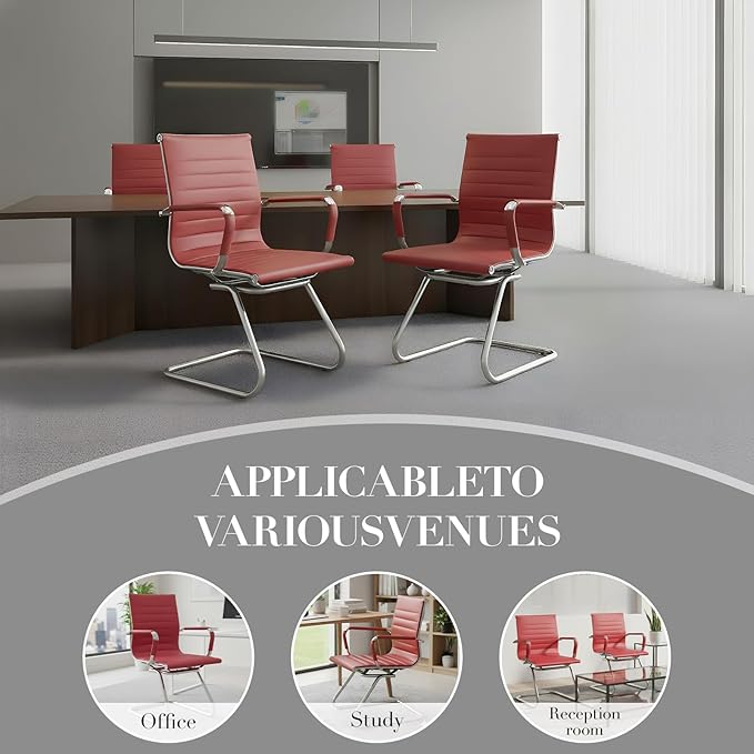 CIMOTA Waiting Room Chairs Leather Office Guest Chair Mid Back Reception Chairs with Sled Base for Meeting/Patient/Conference Room Red Set of 2