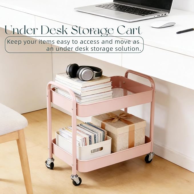 2 Tier Pink Rolling Cart with Wheels for Under Desk Storage Large Capacity Rolling Pantry &amp Kitchen Storage Cart for Small Space Sturdy Metal Bathroom Shelf Laundry Room Organization
