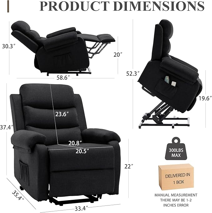 Power Lift Recliner Chair for Elderly Electric Lift Chair for Adults Small Recliner with Side Pockets for Living Room Reading Room Recliner Saves Your Favorite Position Black