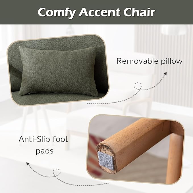 INZOY Mid Century Modern Accent Chair with High Back Upholstered Living Room Chairs with Waist Cushion Wood Frame Reading Armchair for Bedroom Sunroom Green