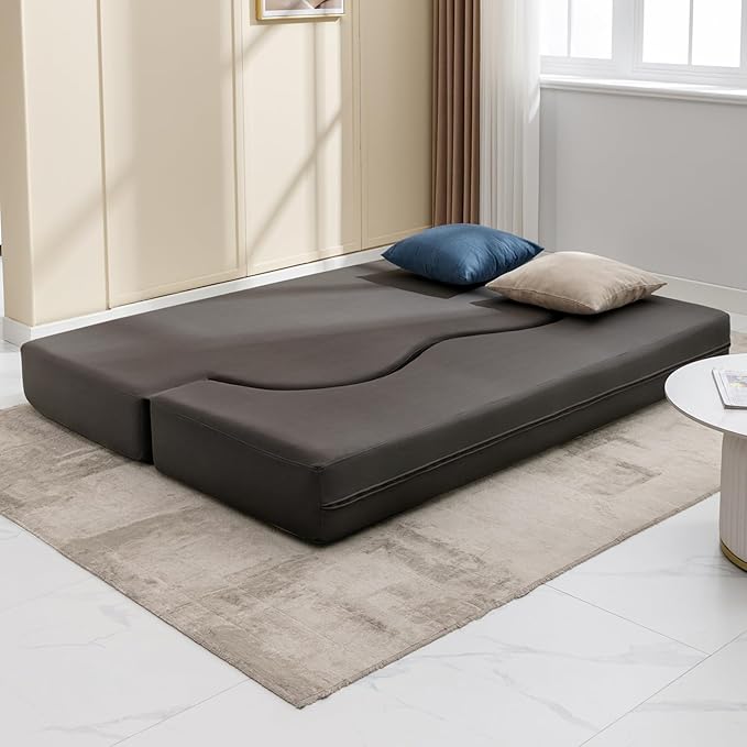 BALUS Queen Size Folding Sofa Bed Futon Sofa Couch with Faux Leather Convertible Sofá Sleeper Bed with Memory Foam Foldable Floor Couch Bed for Living Room Guest Room Bedroom-Dark Gray