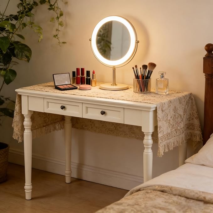 ADORZ 47 White Desk with Drawers French Country Style Solid Wood Desk for Home Office Study Bedroom – Ideal for Makeup Vanity and Storage