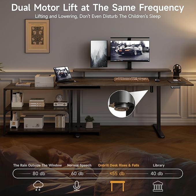 ONBRILL L Shaped Standing Desk with File Cabinet 55x24'' Electric Stand Up Desk with Monitor and Storage Shelf Adjustable Height 28-46'' for Home and Computer Workstation Walnut
