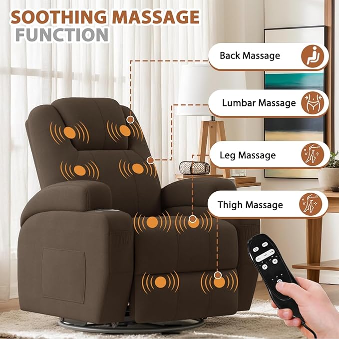Flamaker Swivel Rocker Recliner Chair with Vibration Massage 360° Swivel Recliner Chairs for Adults Ergonomic Lounge Chair with Cup Holders Lazy Boy Recliner Single Sofa Seat (Fabric Brown)