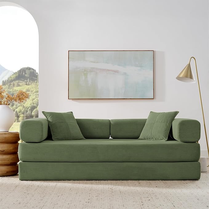 4-in-1 Folding Convertible Sofa Bed 78 Inch Oversized Corduroy Upholstered Boneless Couch Loveseat Sleeper with Pull Out Bed Floor Sofa Modular Futon Couch for Living Room Bedroom Lounge Green
