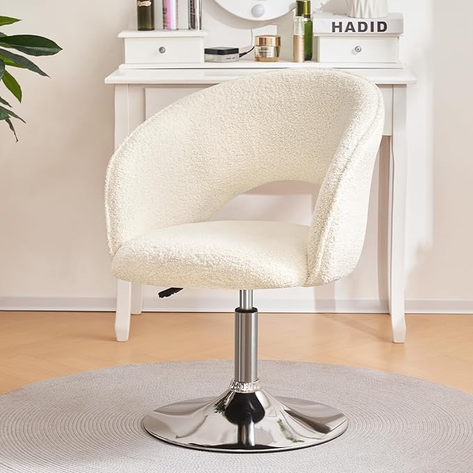 Furniliving White Makeup Vanity Chair Height Adjustable Swivel Chairs with Sherpa Accent for Living Room &amp Lounge