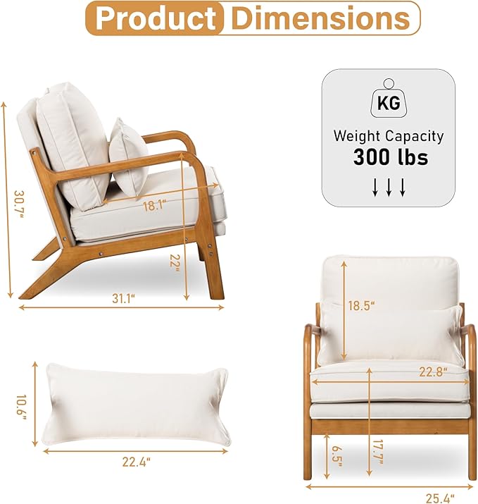 Accent Chair with Cushion Mid-Century Modern Upholstered Single Reading Armchair with Linen Fabric + Solid Wood Frame for Living Room Bedroom Lounge Balcony (Beige)