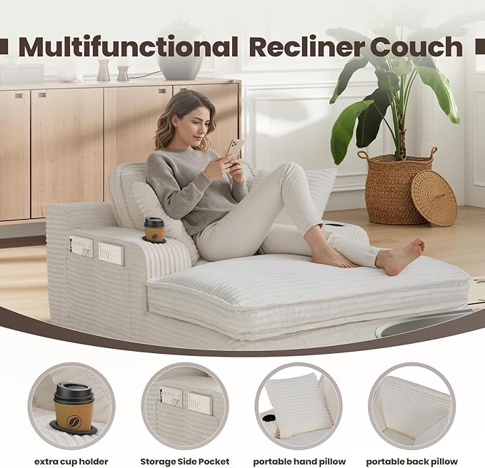 67 Chaise Lounge Chair Indoor Cozy Oversized Fluffy Sofa with Cup Holders &amp Throw Pillows Boneless Sleeper Cloud Couch for Living Room Movie Room and Apartments Beige