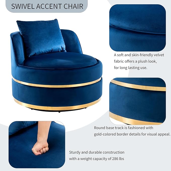 Swivel Accent ChairBedroom Barrel Chairs with Seat CushionModern 360° Velvet Fabric Circle Chair with Sturdy Frame and Stainless Steel Base for Living Room(Blue)