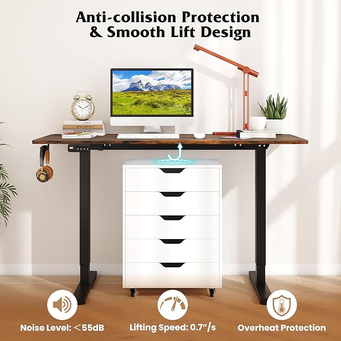 Giantex Electric Standing Desk 48 x 24 Height Adjustable Sit Stand Computer Workstation with 2 Memory Heights Headphone Hook Anti-Collision Design Home Office Computer Desk (Rustic Brown+Black)
