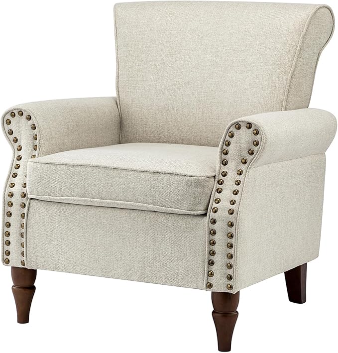 Modern Upholstered Accent Chair with Wood Legs Wingback Armchair with Removable Cushion Comfy Nailhead Trim Lounge Chair Single Sofa Reading Chairs for Living Room Bedroom