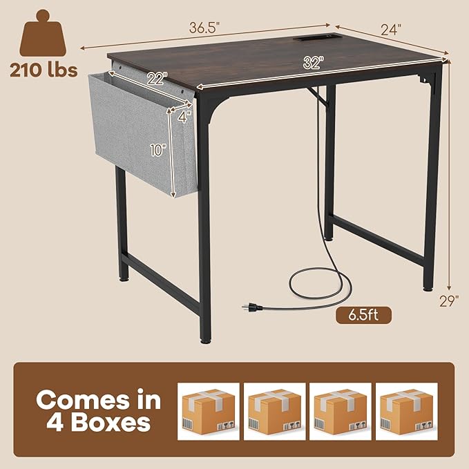 32 Inch Computer Desk Set of 4 Modern Writing Desk with Heavy-Duty Metal Frame Storage Bag &amp Charging Station Rectangular Home Office Workstation Table for Conference Study &amp Meeting Room