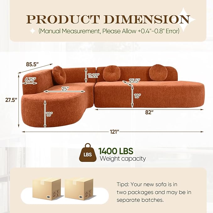 Curved Modular Sectional Sofa - 122 Extra Large 5-Seater with High Resilience Foam &amp Soft Chenille Upholstery 2-Piece Floor Couch with Round Cushions No Assembly Orange Living Room Furniture Se