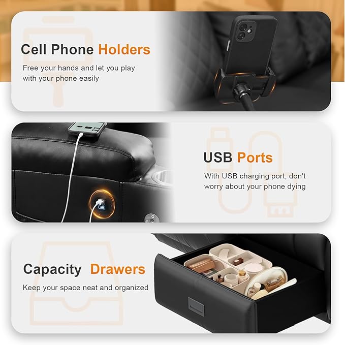 Loveseat Recliner Sofa Modern Dual Reclining Sofa with Flip Back Console 3 Seater PU Leather Loveseat Couch for Living Room/RV with Storage USB Ports Cup Holder Cell Phone Holder Black