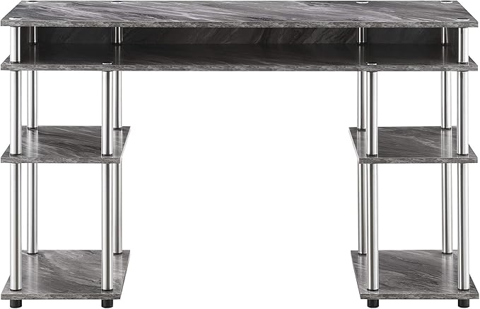 Pemberly Row No Tools Student Desk Gray Faux Marble Wood Finish Stainless Steel Legs 47.25 x 15.75 x 30 in Modern Home Office Desk with Shelves for Storage