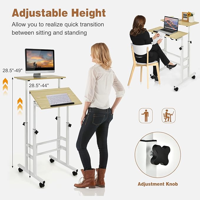 COSTWAY Mobile Standing Desk Height Adjustable Rolling Laptop Cart w/Tilting Desktop for Standing or Sitting Lockable Casters Home Office Computer Workstation for Small Spaces (Natural)