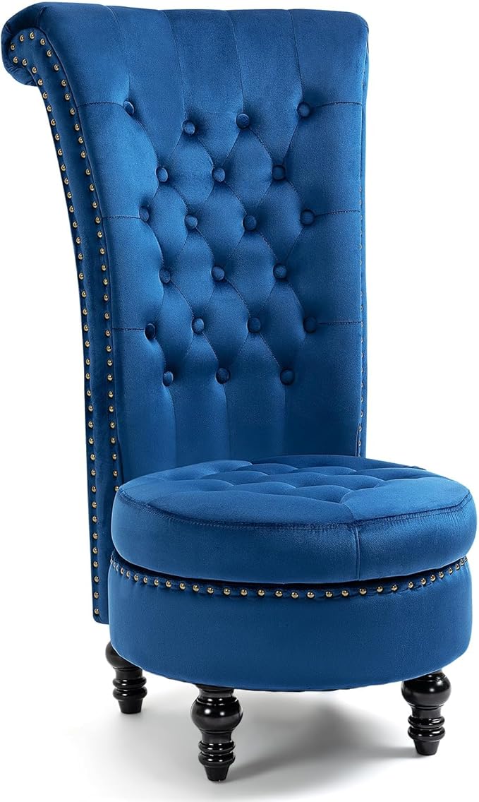 AVAWING High Back Throne Chair Velvet Armless Royal Accent Chair w/Storage Nailhead Trim &amp Rubberwood Legs for Living Room &amp Bedroom Blue