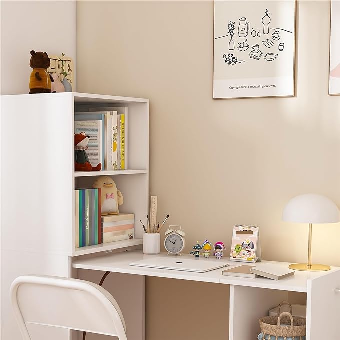 Stretchable Foldable Office Desk with Storage Shelves Extendable Tabletop Lockable 360° Wheels Space-Saving Desk for Home Office Practical(White)
