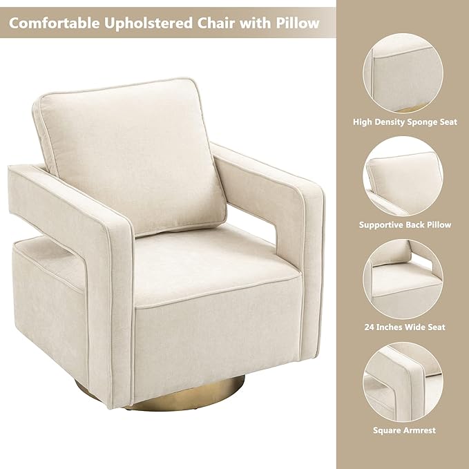 Betoko Swivel Accent Barrel ChairModern Open Back Armchair with Gold Metal BaseChenille Upholstered Club Chair with Pillow for Living Room (Beige)