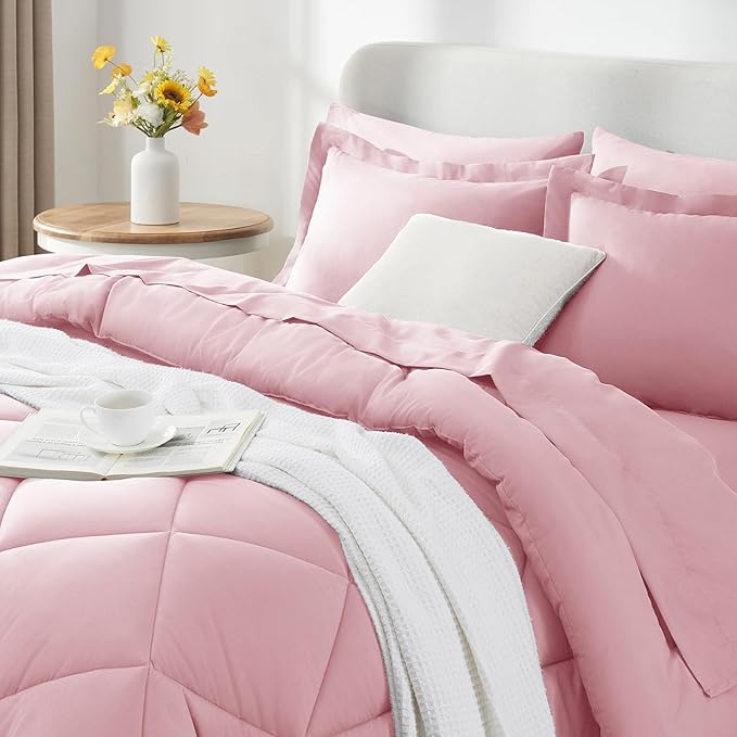 CozyLux King Size Comforter Sets Pink - 7 Pieces Bed in a Bag King Luxury Soft Bed Set for All Seasons Bedding Set with Down Alternative Comforter Sheets Pillowcases &amp Shams
