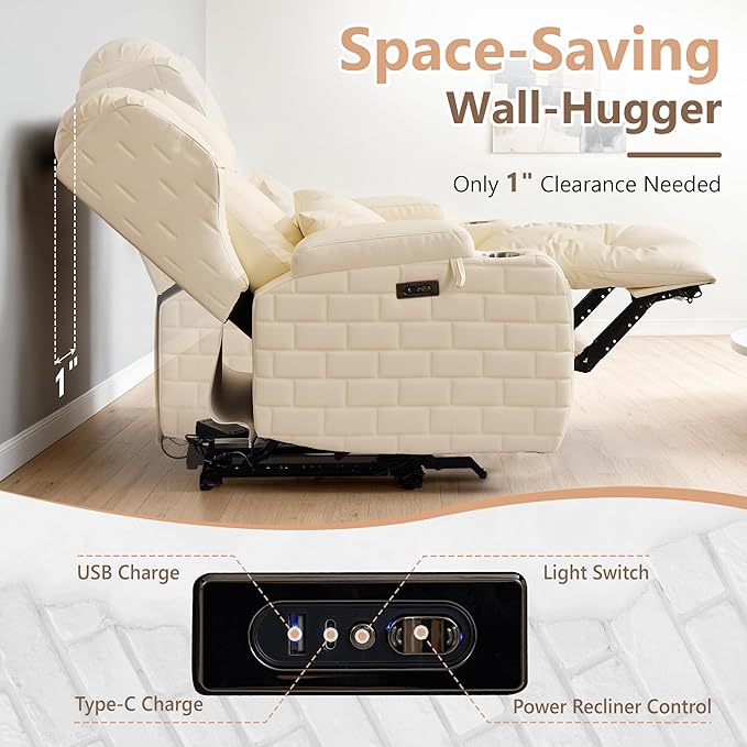 Wall Hugger Power Recliner Chair with Heat and Massage Overstuffed Reclining Sofa Chair for Living Room Home Theater RV with 3-Side LED Lights/Cup Holders/USB &amp Type C Port (White)