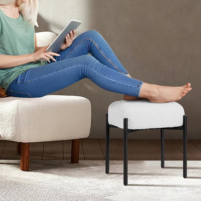 Vanity Stool Chair Faux Fur 16.3 L x 12.8 W x 17.3 H Soft Ottoman Makeup Chair Bench Furry Padded Seat with 4 Metal Legs Footstool Multifunctional Chairs for Bedroom Living Room