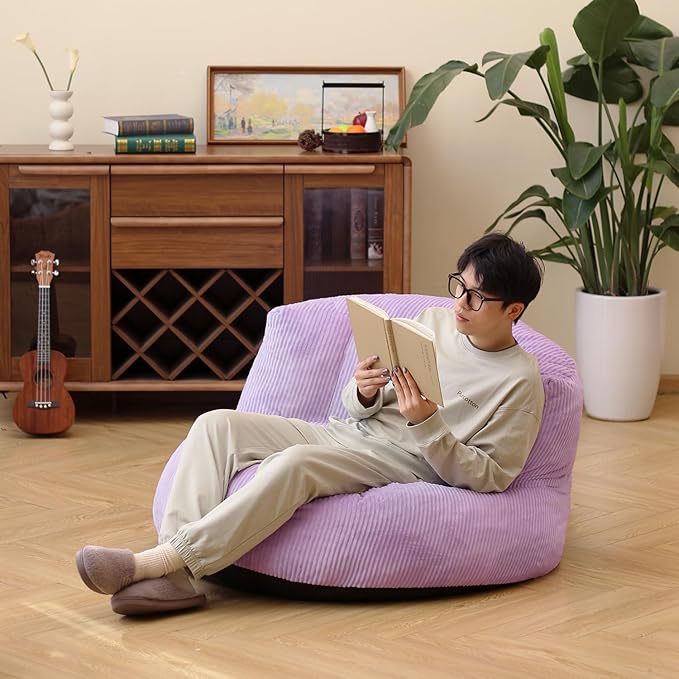N&ampV Large Crescent Bean Bag Chair Adult Size Bean Bag Sack Foam Filling Soft Premium Corduroy Bean Bag for Living Room Bedroom Dorm and Office (Lavender)