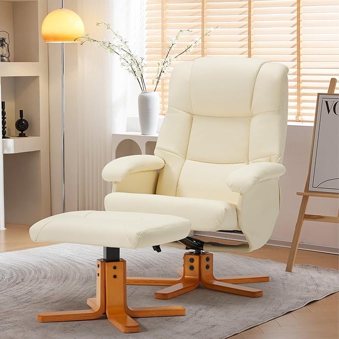 Swivel Recliner with Ottoman Reclining Chair and Footrest PU Leather Upholstered Chair Ottoman Set with Wrapped Base for Living Room Bedroom and Home Office Beige