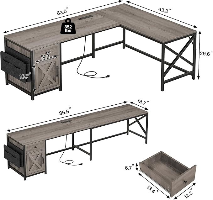 SEDETA 63 L Shaped Desk Convertible Corner Office Desk with Drawer Farmhouse Computer Desk with Power Strip &amp Storage Cabinet for Home Office Grey