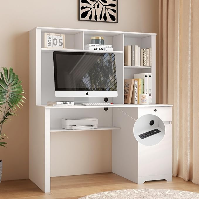Hassyee Computer Desk with Hutch and Bookshelf Wood Writing Executive Desk with Drawers for Teens Student Home Office Desk with 3 AC Outlets and 2 USB Charging Ports (White)